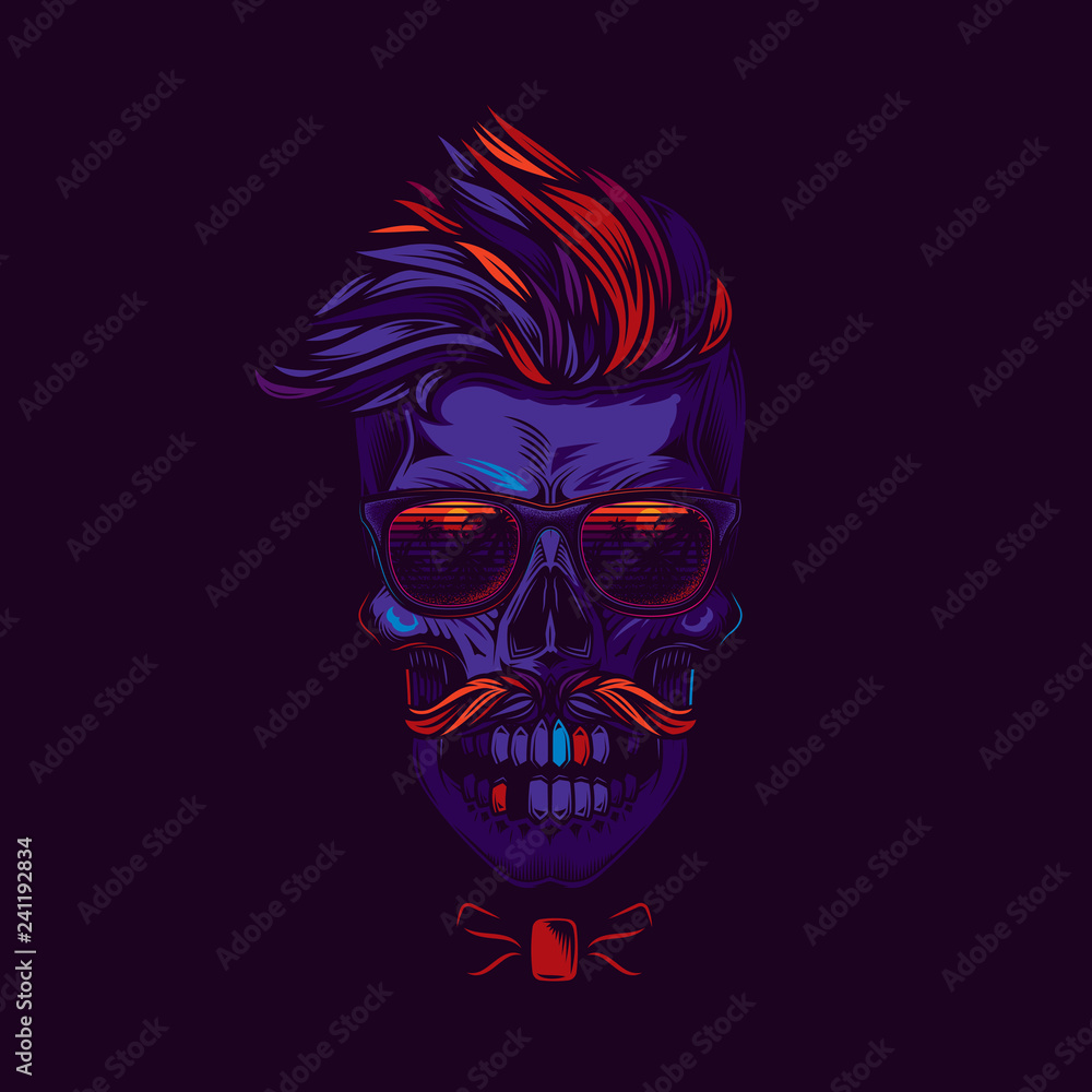 Hipster skull with glasses. Original vector illustration in neon style. T-shirt or sticker design. Hipster skull with glasses. Original vector illustration in neon style. T-shirt or sticker design.