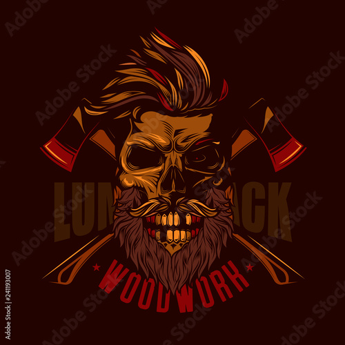 The skull of a lumberjack with beard and mustache in the background of the axes. Original vector illustration in vintage style.