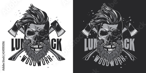 Skull lumberjack with beard and mustache on the background of axes. Monochrome vector illustration on white and dark background.