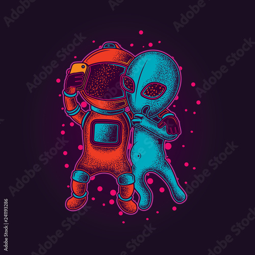 Astronaut taking a selfie with the aliens. Original vector illustration in neon style.