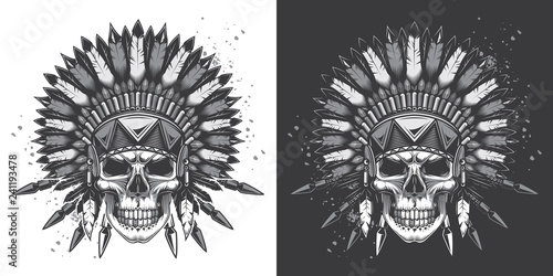 Skull in American Indian vintage style. Monochrome vector illustration on white and dark background.