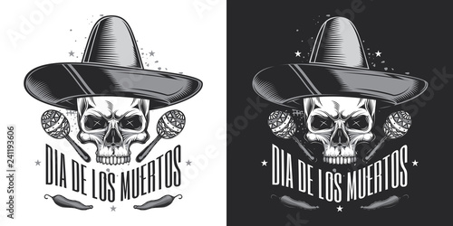 Skull in Mexican vintage style. Monochrome vector illustration.