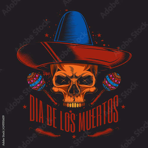 Skull in sombrero. Mexican vintage style. Original vector illustration. T-shirt or sticker design.
