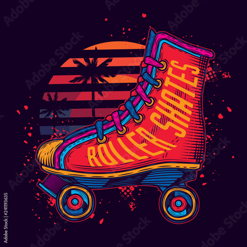 Neon roller skates in neon style. Original vector illustration.