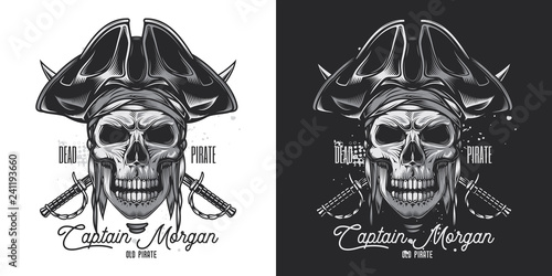 Pirate skull in a cocked hat with sabre in the background. Vintage monochrome vector illustration