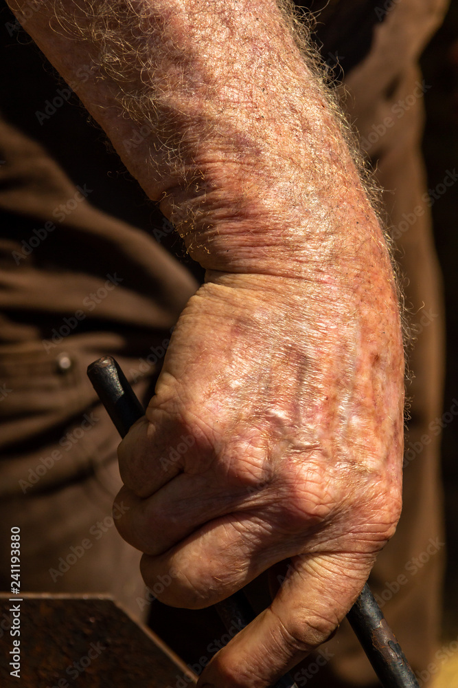A lower arm, wrist and hand of a Caucasian blacksmith. He is holding a metal rod. The arm is hairy with light colored hair. Metal blacksmithing tools are in the background.
