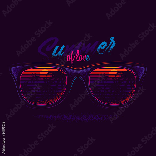 Sun stylish glasses in neon style. Original vector illustration.