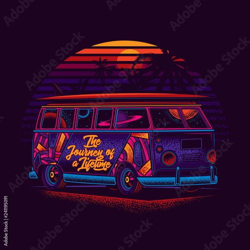 A hippie van with a surfboard on the roof, against the sea and sunset. Original, bright vector illustration in neon style. T-shirt or sticker design. photo