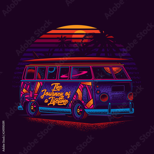 A hippie van with a surfboard on the roof, against the sea and sunset. Original, bright vector illustration in neon style. T-shirt or sticker design.