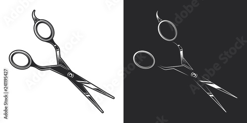 Scissors for cutting hair. Monochrome vector illustration on white and dark background. Design element.
