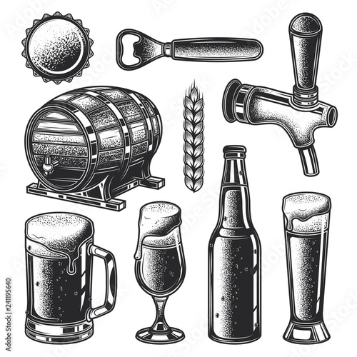 Vector set of beer elements. Beer barrel, lid, mug, glass, bottle opener, bottle, faucet. Monochrome illustrations in vintage style.