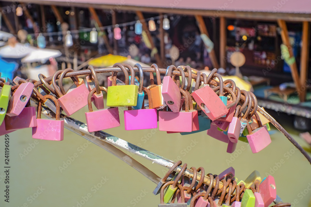 Fototapeta premium Close up Colorful lock in Pattaya Floating Market in Chonburi City Thailand