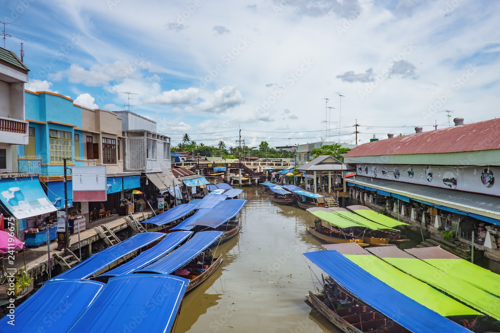 Beautiful view from Amphawa Floating market in holiday time.Amphawa Floating market is very Famous Street food travel destination in thailand