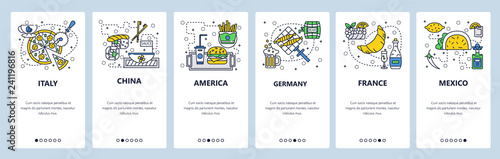 Web site onboarding screens. World countries cuisine, italy, germany, china. Travel concept. Menu vector banner template for website and mobile app development. Modern design linear art flat