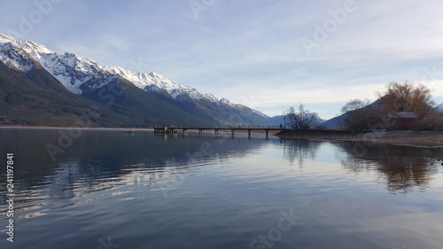 This is a beautiful scenery taken from Glenorchy. There are hiking trails  jetty  and snow mountain in this area.