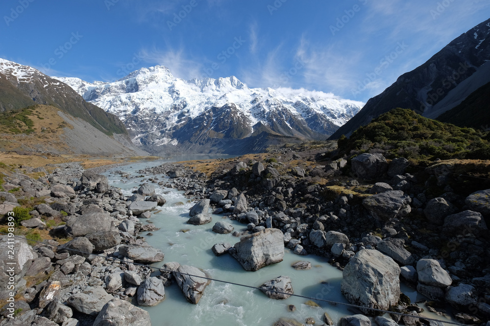 This photo is taken in Mt.cook of New Zealand. There are snow on the peak of the mountain. Below is beautiful opaque water. The scenery is world-class. This is perfect for background or wallpaper.