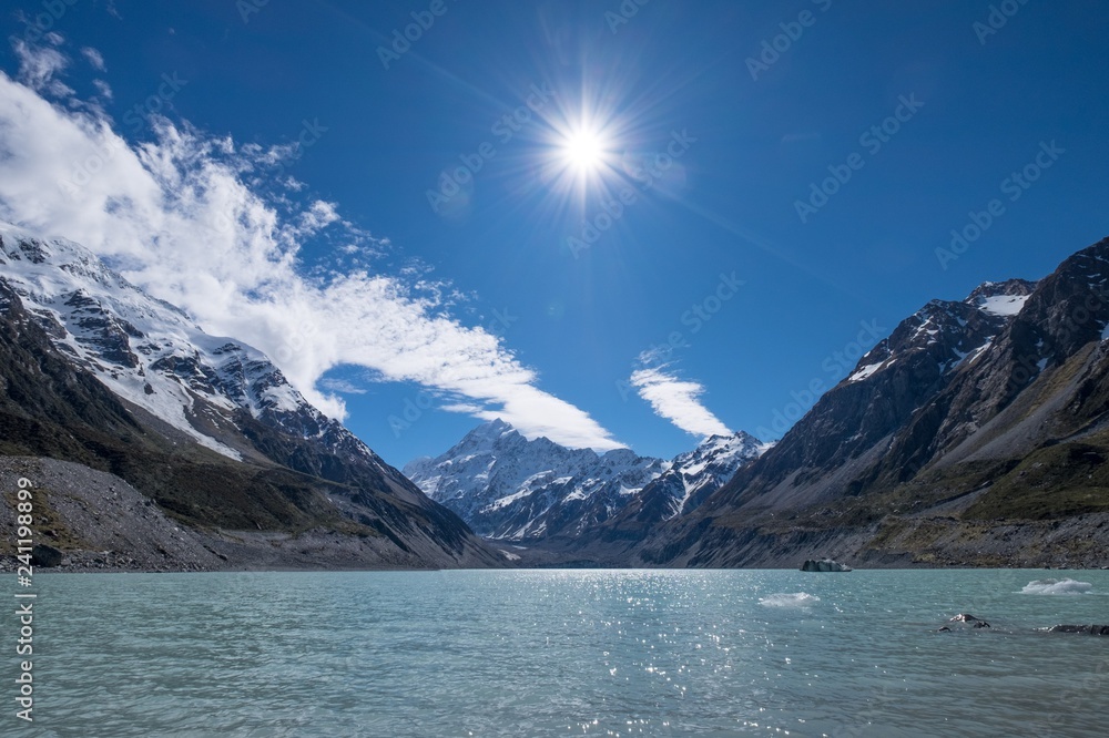 This photo is taken in Mt.cook of New Zealand. There are snow on the peak of the mountain. Below is beautiful opaque water. The scenery is world-class. This is perfect for background or wallpaper.