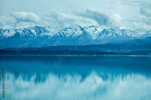 This photo is taken in Mt.cook of New Zealand. There are snow on the peak of the mountain. Below is beautiful lake reflecting the mountains .This is perfect for background or wallpaper.