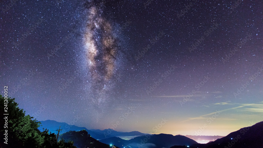 Beautiful Milky Way Galaxy background with mountain ranges. High altitude mountain peak image. Taken at Taiwan in the darkness of the night. Suitable for travel image use. Many stars in the sky. Beautiful Milky Way Galaxy background with mountain ranges. High altitude mountain peak image. Taken at Taiwan in the darkness of the night. Suitable for travel image use. Many stars in the sky.