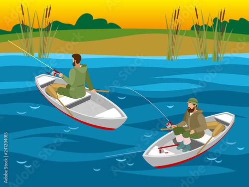 Fishers In Boats Isometric Illustration