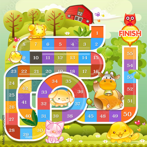 Board game with farm background, A colourful boardgame with numbers, Vector illustration