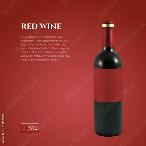 Photorealistic bottle of red wine on a red background. Mock up transparent bottle of wine. Template for product presentation or advertising in a minimalistic style.