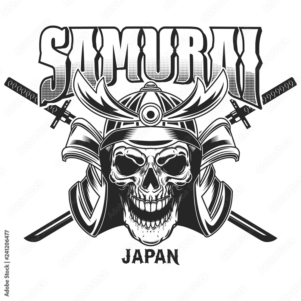 Fototapeta premium Emblem template with samurai helmet and crossed katanas on grunge background. Design element for logo, label, sign, poster, t shirt.