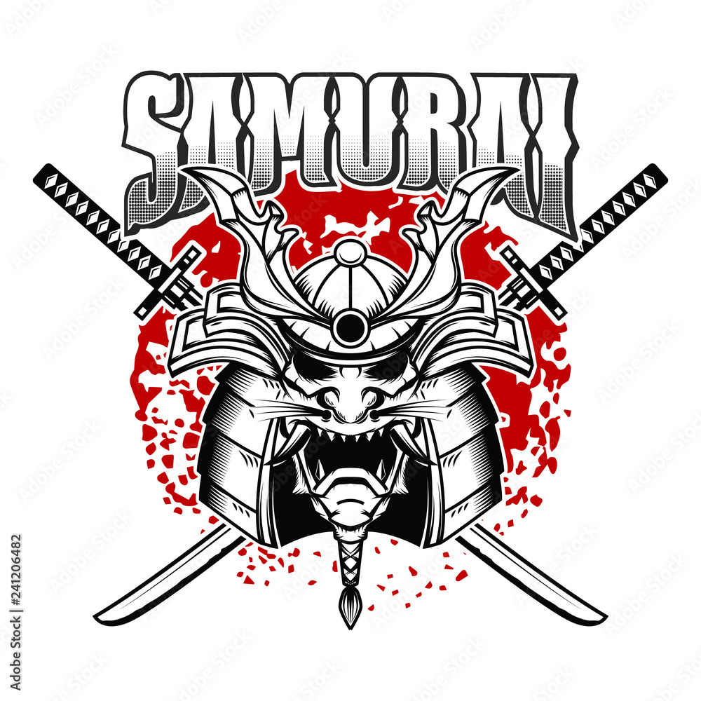 Emblem template with samurai helmet and crossed katanas on grunge background. Design element for logo, label, sign, poster, t shirt.