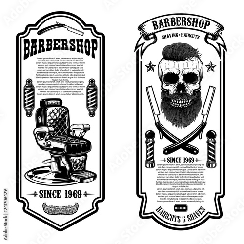 Barber shop flyer template. Barber chair and skull on white background. Design element for emblem, sign, poster, card, banner.