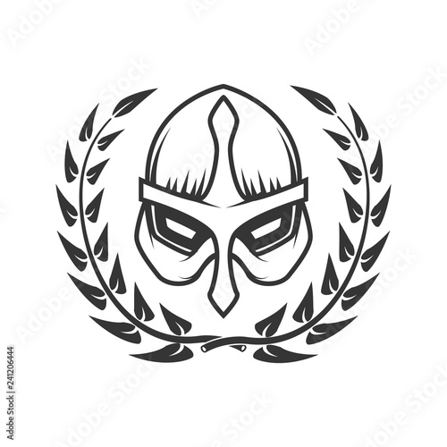 Medieval warrior helmet with wreath. Design element for logo, label, emblem, sign.