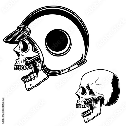 Biker skull in racer helmet. For logo, label, sign, poster, card.