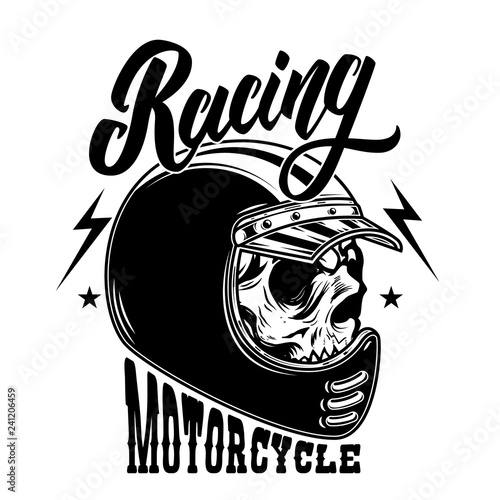 Motorcycle racing. Biker skull in racer helmet. For logo, label, sign, poster, card.