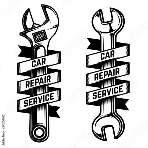 Car repair service emblem template. Wrench with ribbon banner. For logo, label, sign, poster, card.