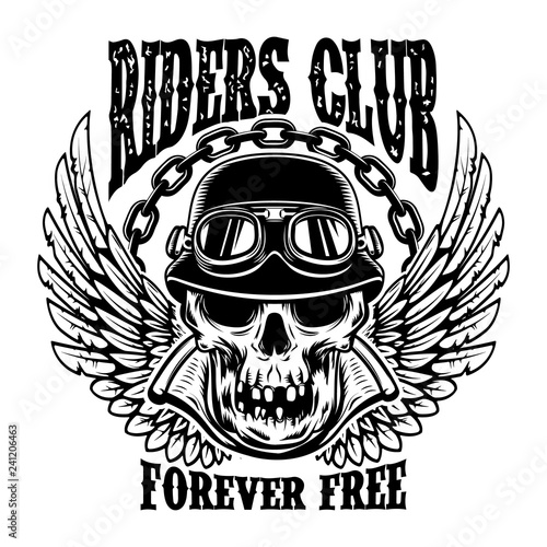 Riders club. Emblem template with biker skull and wings. Design element for poster, card, t shirt.