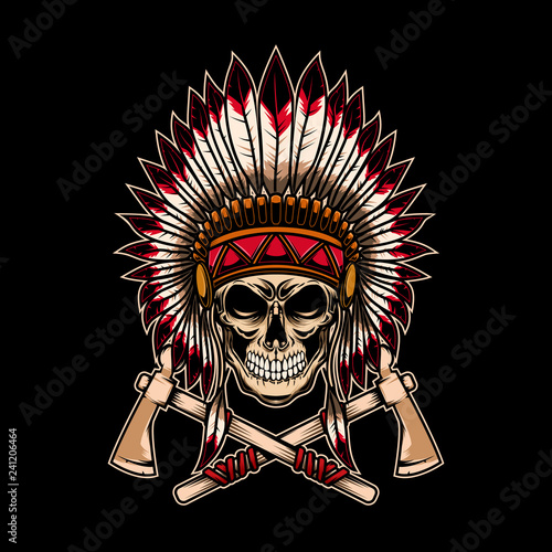 Native indian chief skull with crossed tomahawks on dark background. Design element for logo, label, emblem, sign.