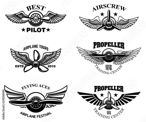 Set of vintage airplane show emblems. Design elements for logo, label, sign, menu.