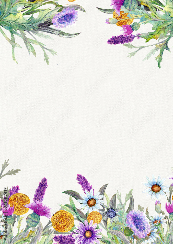 Wedding vertical frame of wild flowers. Watercolor. Flower arrangement. Greeting card template design. Invitation background. Vertical orientation