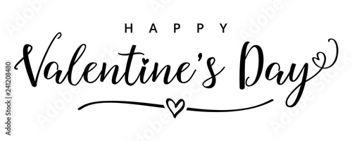 Valentines Day elegant black calligraphy banner. Valentine greeting card template with calligraphy happy valentine`s day and white heart in line on background. Vector illustration
