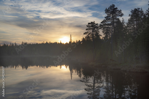 Beautiful lake at Lapland.Midnight sun.