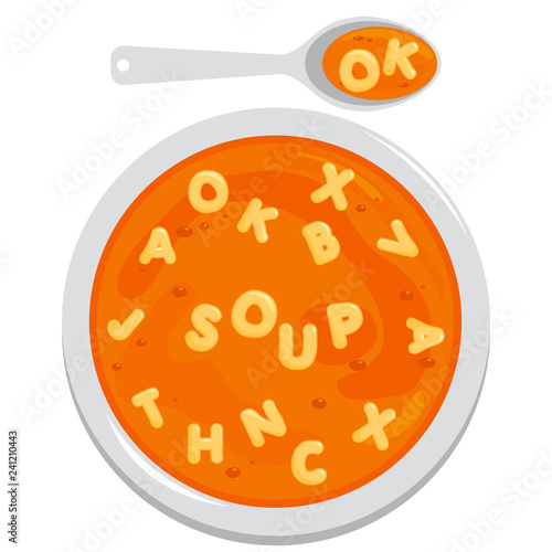 Bowl of alphabet pasta soup and spoon. Vector illustration.