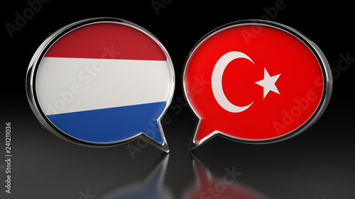 Netherlands and Ukraine flags with Speech Bubbles. 3D illustration