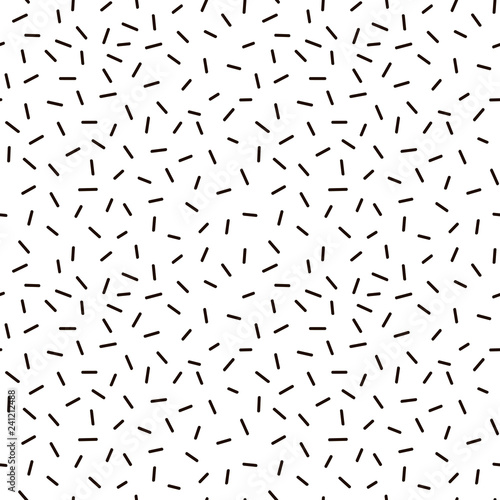 Abstract dash seamless pattern, Memphis style background with small dashes, retro black and white vector texture