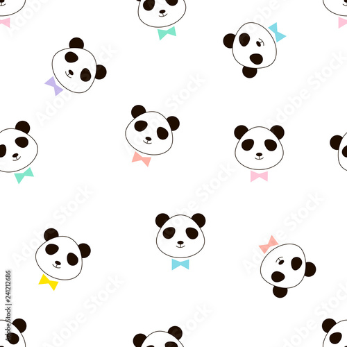 Cute panda head with colourful tie bow seamless vector pattern, print for kids and nursery fabric, t-shirt, pajamas and more
