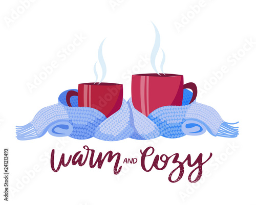 Two vinous mugs in knitted scarf. Composition of 2 cups with lettering Warm wishes and cozy. Cups, wrapped in warm scarf. Atmosphere for relax tea party. Flat cartoon illustration on white background