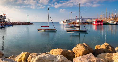 Morning in marina with moored yachts and pleasured boats in Eilat – famous to...