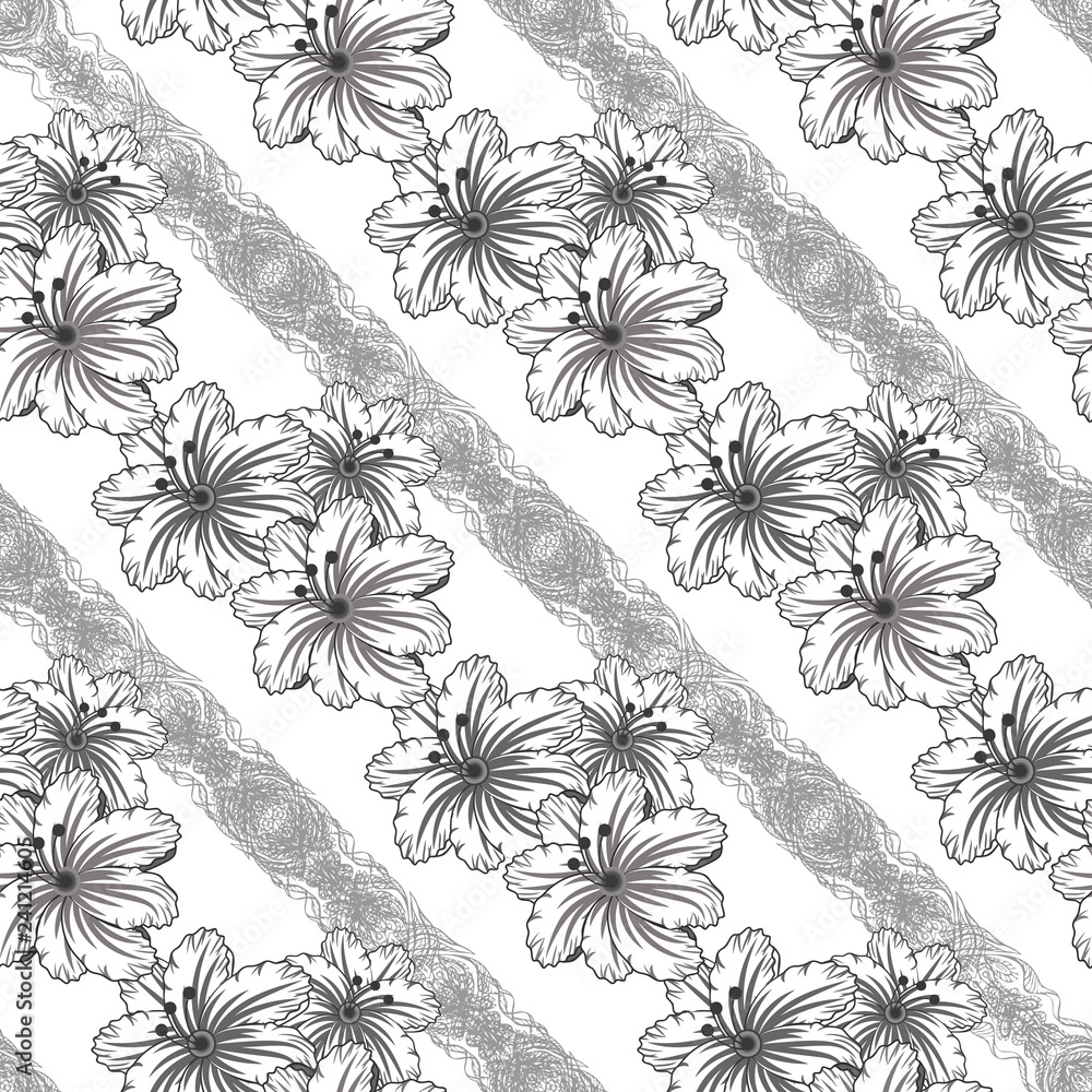 Obraz premium Seamless pattern. Decorated with leaves and flowers. Doodles style. for summer fabric, wrappers, covers. Easy to edit. black and white