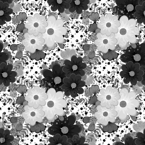 Seamless pattern. Decorated with leaves and flowers. Doodles style. for summer fabric, wrappers, covers. Easy to edit. black and white