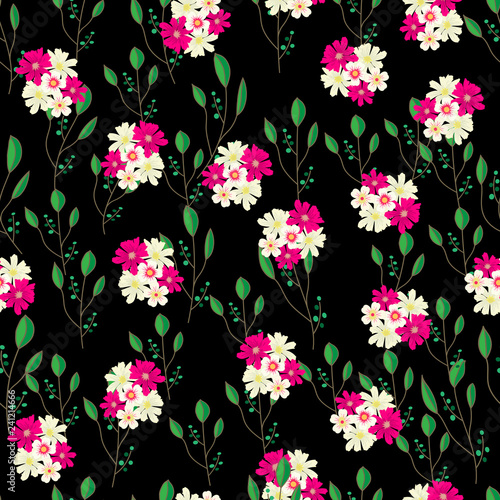  Seamless texture. Multicolor pattern of flowers and leaves. Embroidery colorful simplified. 