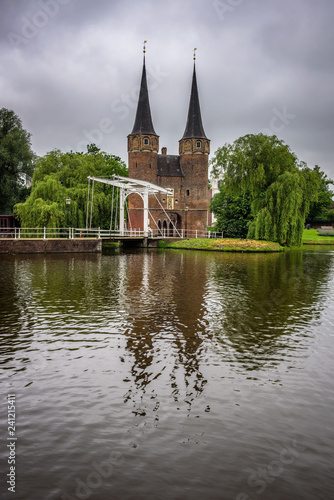 Eastern gate, canal and historic drawbridge in Delft, Netherland