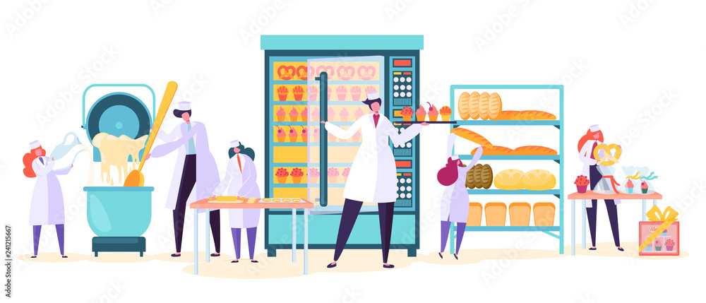 Bakery Factory Food Production Character. Bread Baker Machine Industry Plant. Worker Make Cake Dough in Modern Manufacture Confectionery Interior Flat Cartoon Vector Illustration Set